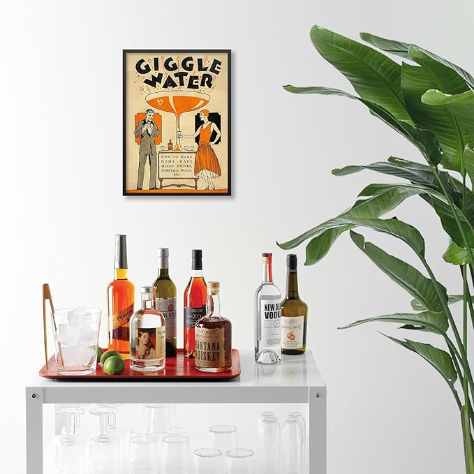 Funny Cocktail Wall Art Vintage Trendy Bar Cart Decor Martini Wine Alcohol Drink Wall Decor 12X16 inch Black Framed Giggle Water Canvas Prints for Home Bar Kitchen