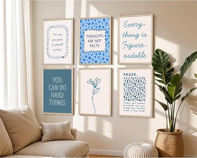 Mental Health Wall Decor Therapy Office Canvas Wall Art Posters Blue Boho Motivational Picture Psychology Artwork Inspirational Positive Quotes Prints for Counseling Office 12x16 Inch Framed 6Pcs
