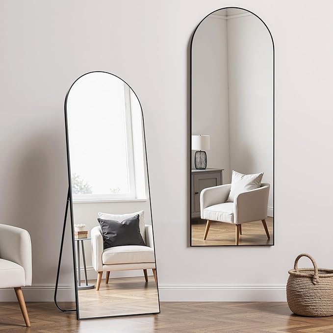 Simple Deluxe Arched Full Length Mirror, Floor Mirror with Stand, 59"x16" Large Mirror, Wall Mirror Full Length, Body Floor Mirror, Wall Mounted Mirror for Bedroom, Black