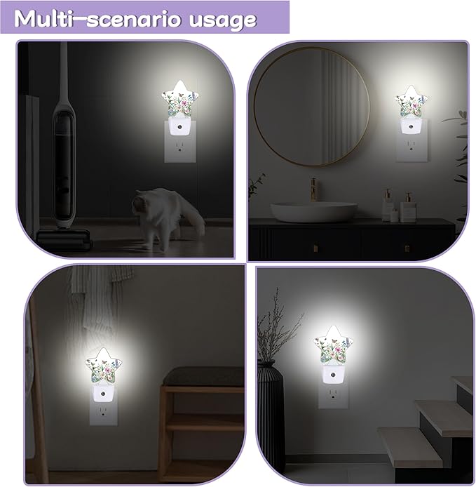 Nightlight,Butterfly Lavender Decorative Night Lights Plug Into Wall,Flowers Leaves Night Light with Auto Sensor for Bedroom,Nursery,Hallway,Stairway,Gifts