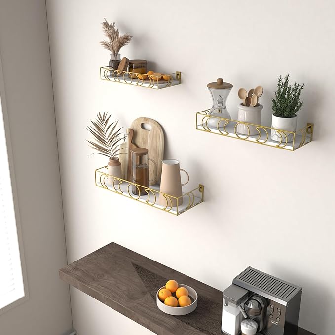 PHAREGE Moon Phase Floating Shelves White Gold, Set of 3 Small Decorative Wall Shelves for Book Plant Storage, Crystal Figurine Collectibles Display Shelf for Bedroom Kid Room