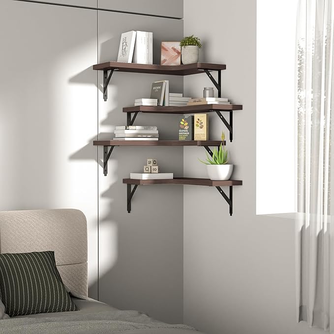 ROMGUAR CRAFT Corner Floating Shelves Wall Mounted Set of 4, Rustic Wood Storage Display Wall Shelves for Home Decor, Bathroom, Kitchen, Bedroom, Living Room, Office (Brown)