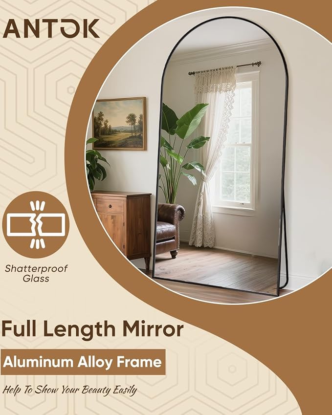 Antok Full Length Mirror, 46"x86" Floor Mirror with Stand, Hanging Mounted Mirrors for Bedroom, Living Room, Cloakroom, Dining Room, Black, Arched