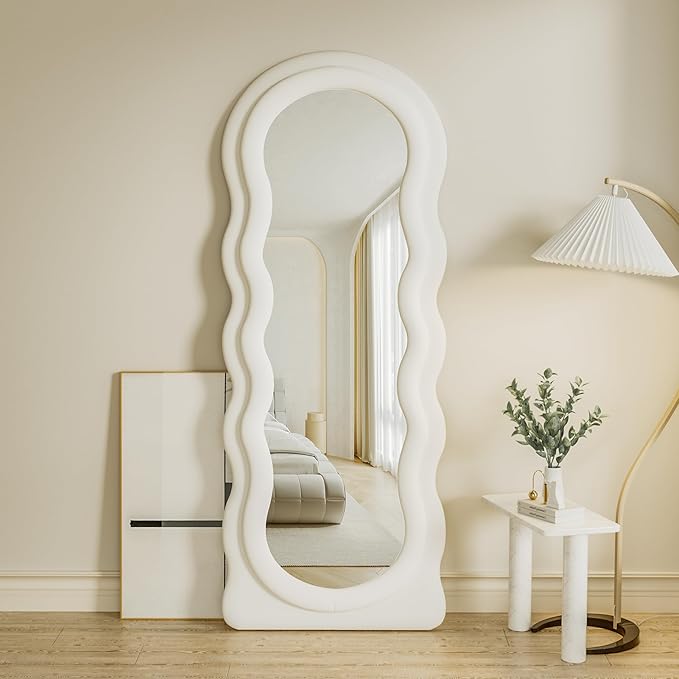 Rowjut Full Length Mirorr, 63"x24" Mirrors Full Length, Irregular Wavy/Wall Mounted & Standing Floor Mirror with Flannel, Body Mirorr Hanging or Leaning Against Wall for Bedroom (White)