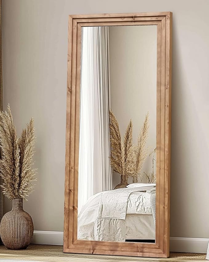 Full Length Mirror 71"x30" Solid Wood Frame Floor Large Mirror for Living Room, Bedroom Hanging or Leaning Wall-Mounted, Light Brown
