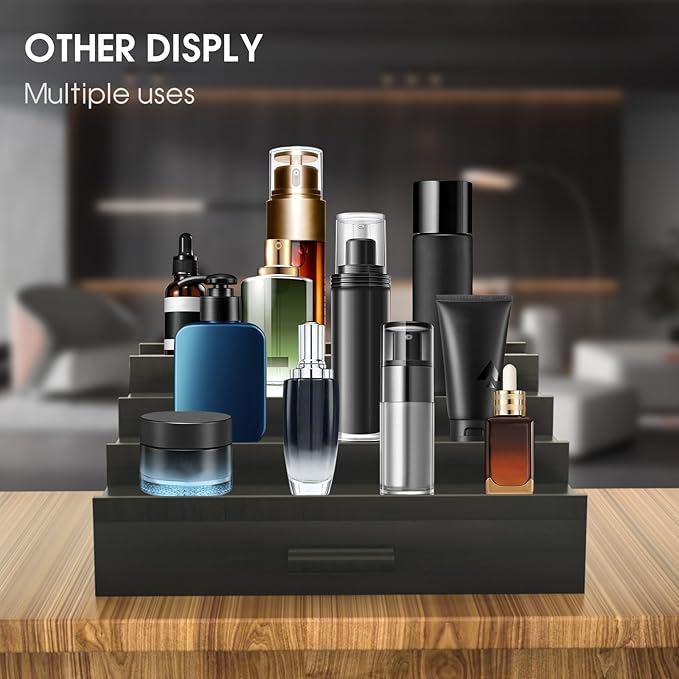 Sephyroth Cologne Organizer for Men 4 Tier of Elevated Cologne Display Shelf with Drawer Storage Perfume Organization and Storage Display Risers,Great Gift for Man(4Tier-Black)