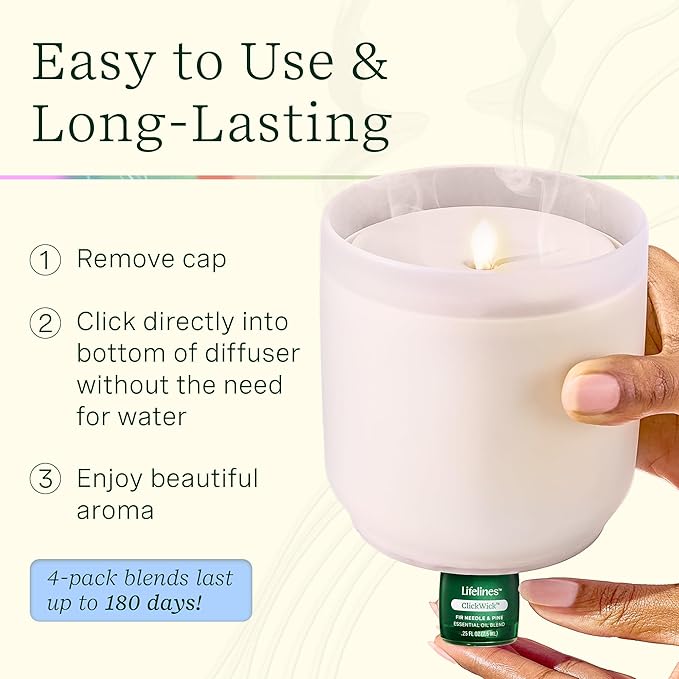Lifelines Flameless Candle Aromatherapy Essential Oil Diffuser with 4 ClickWick Essential Oil Blends Value Pack - Cordless & Waterless Diffuser for Home - Scented Electric Candles Blow Out Flame