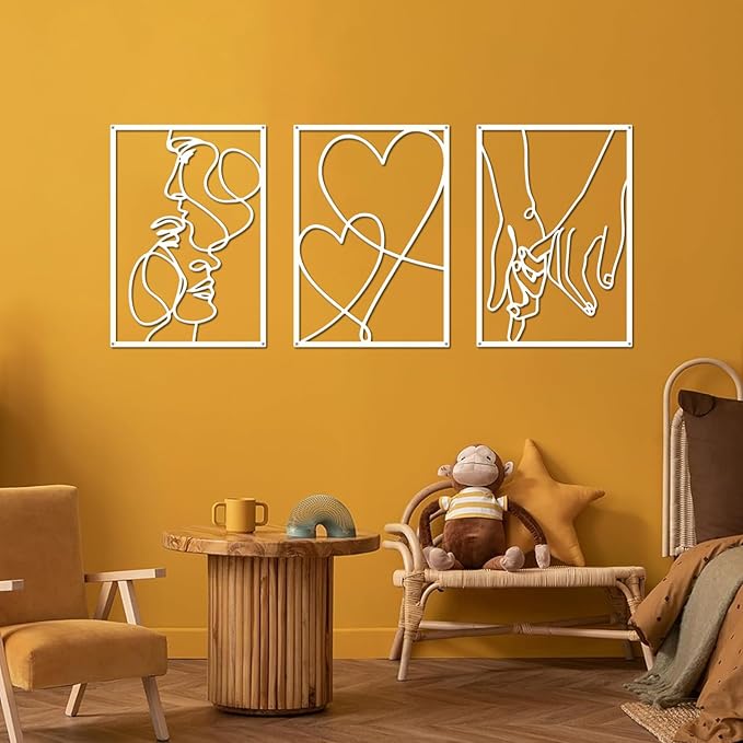 ESTART 3 Pieces Metal Minimalist Line Wall Art, Valentine's Day Lover Kiss Hand Metal Wall Decor, Aesthetic Modern Home Hanging Wall Art Decor for Bedroom Living Room (White)