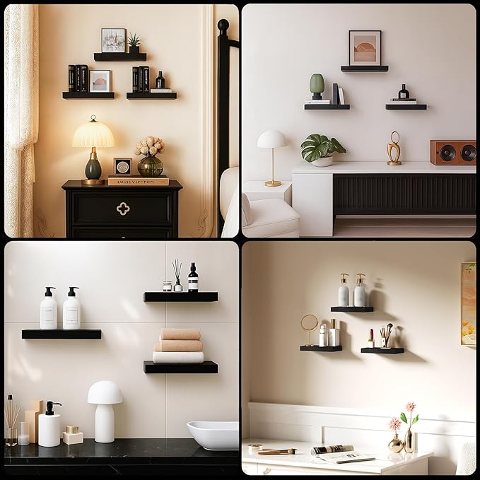 Floating Shelves for Wall, Bathroom Shelves Over Toilet, Wall Shelves & Book Shelf for Room, Hanging Shelf, Modern Wooden Wall-Mounted Small Floating Shelves, 12x7x1.5 in (Black, Set of 3)