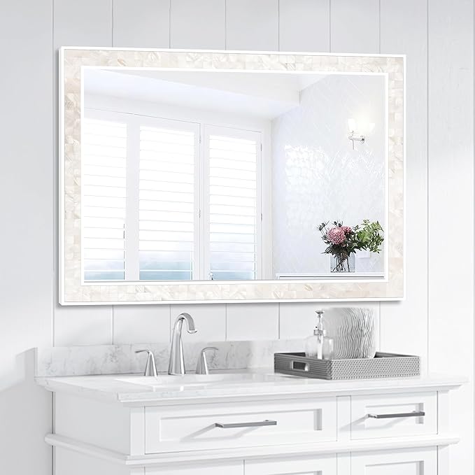 Tanmicoshomy White Shell Framed Rectangular Mirrors for Bathroom, 30x40 Inch Mirrors with Tempered Glass for Bedroom Living Room or Entryway, Wall Mounted Horizontal or Vertical Hanging