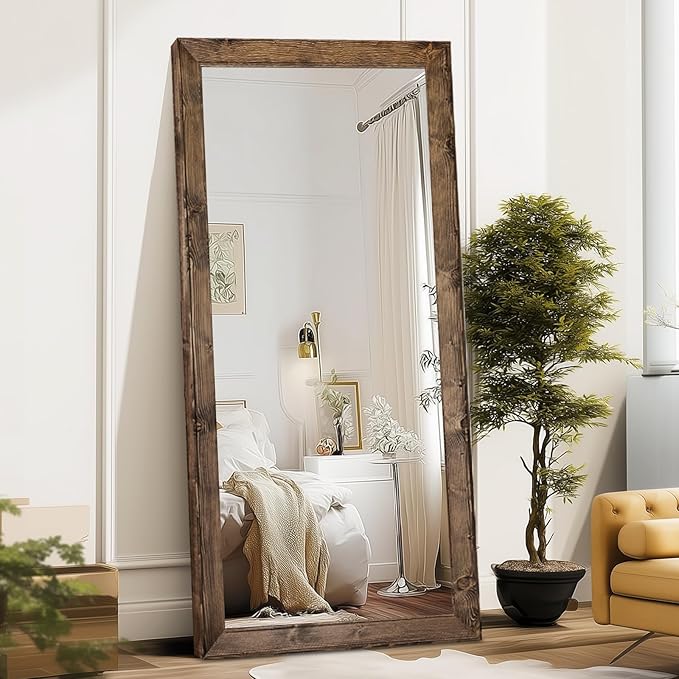 Oversized Brown Full Length Mirror 71"x32" - Solid Wood Beveled Frame Wall Leaning or Hanging Mirror - Rustic Farmhouse Style for Bedroom, Entryway, Living Room