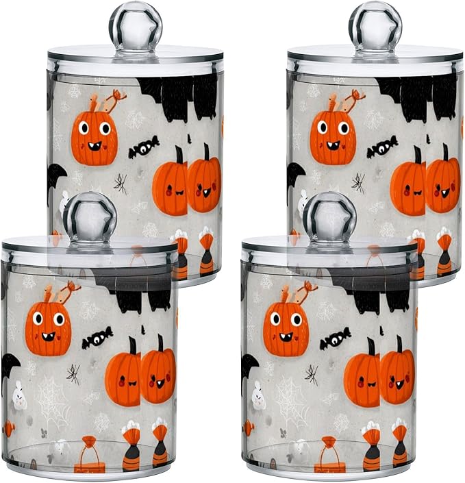2 Pack Apothecary Jars Halloween Black Bats Bathroom Vanity Storage Organizer Set,Small Clear Plastic Storage Jars Bathroom Canister for Cotton Swabs, Rounds, Balls, Qtips,Makeup Sponges, Floss