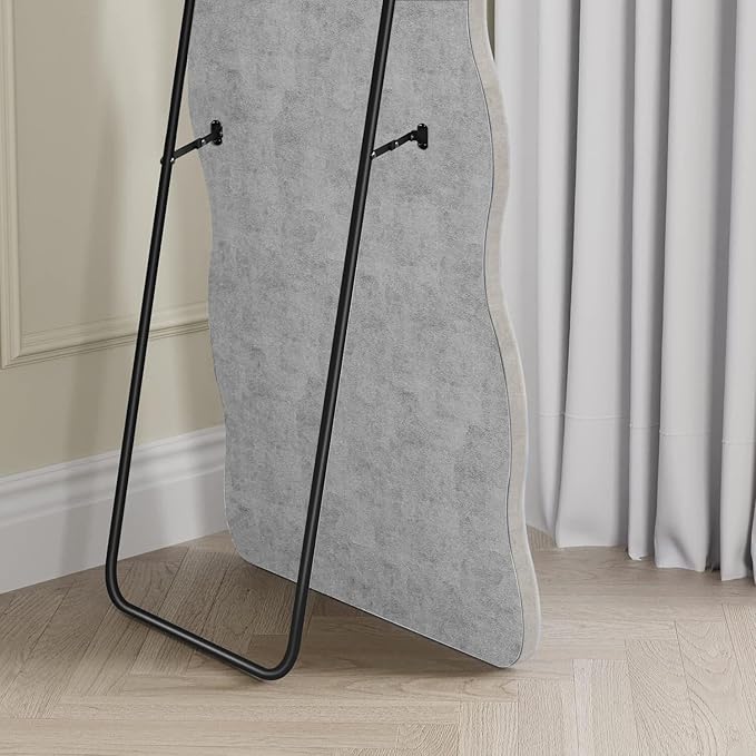 Dewfig Full Length Mirror, 63" x 24"Irregular Wavy Mirror, Large Floor Length Mirrors Wall Mounted, Standing Wavy Mirrors with Flannel Wrapped Wooden Frame for Bedroom/Living Room, White