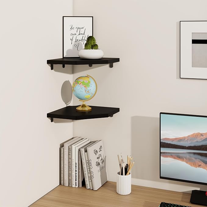 Fun Memories Corner Shelf Wall Mount Set of 2 - Solid Oak Wood Floating Corner Shelf with Cable Hole, 8.5in Rustic Design for Bedroom, Living Room, Kitchen (Black)