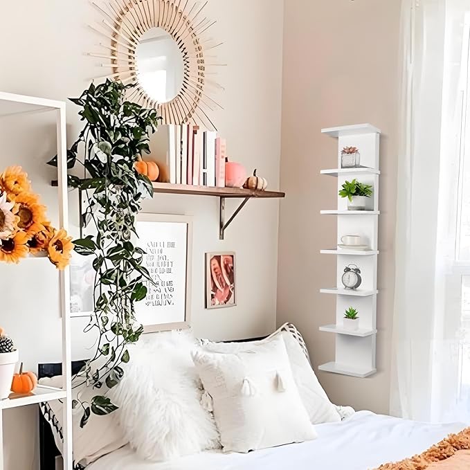2 Pack 7 Tier Wall Shelf Unit - Lack Floating Shelf, Compact Display Floating Shelf, Vertical Column Wall Decor Mount Floating Storage Organizer Tall Tower Shelf for Bedrooms, Living Rooms(White)