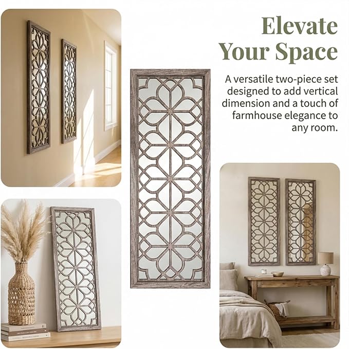 Set of 2 16x41.5 Inch Large Carved Floral Wood Frame Wall Mirrors, Shatterproof Boho Farmhouse Rustic Accent Mirrors for Living Room, Bedroom, Bathroom, Entryway & Home Wall Decor (Brown)
