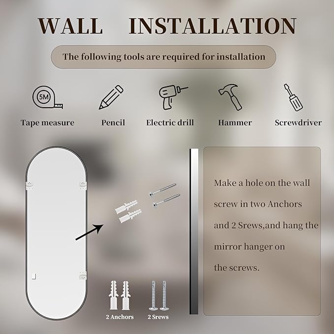 Oval Full Length Mirror, 55"×18" Wall-Mounted Mirror with Black Frame, Ultra-Clear Explosion-Proof Dressing Mirror, Simple and Classic Deco for Cloakroom/Bedroom/Living Room