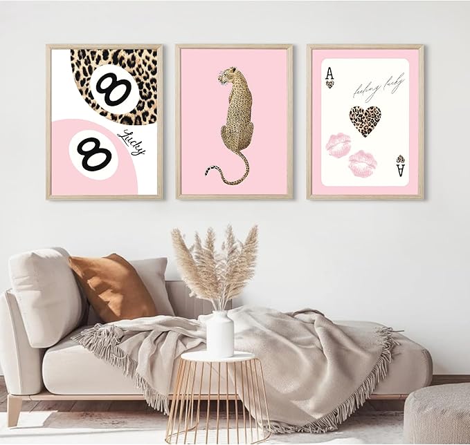 Trendy Leopard Wall Art Cheetah Print Canvas Wall Decor 8 Ball Poster Preppy Room Aesthetic Pictures Funky Coquette Vintage Prints Y2k Fashion Lucky Posters for Bedroom 24x36x3 Inch Framed