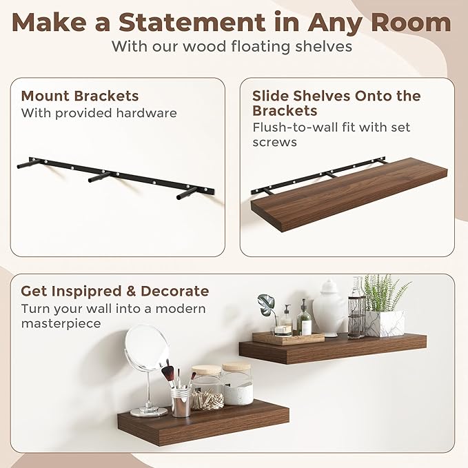 Fun Memories 72 Inch Floating Shelves, 12 Inch Deep Wall Shelf for Fireplace Mantel, Large Display Shelf & Storage Shelf, Wood Floating Wall Shelves for Home & Office, Walnut, Set of 1
