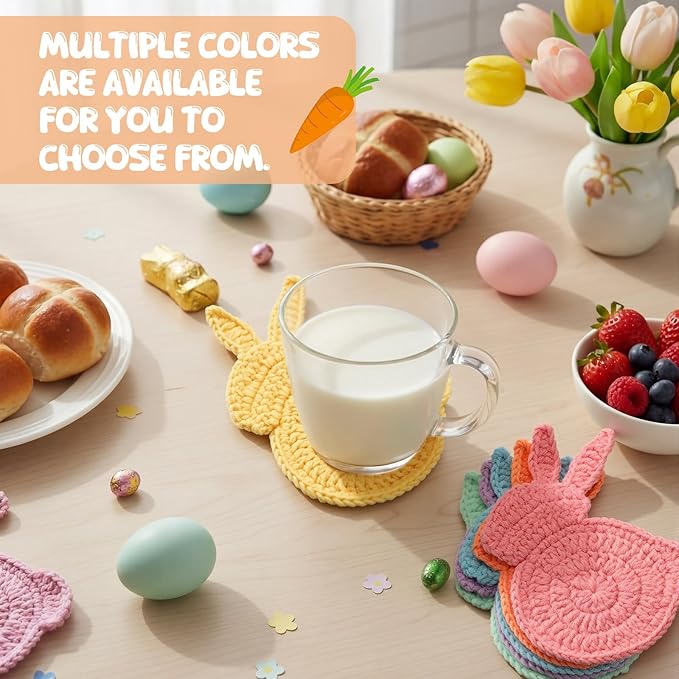 6 Pcs Easter Bunny Crochet Coaster Set 5.1 x 6.7 Inch Rabbit Handmade Woven Cup Pad Mats Gift Kit for Spring Holiday Kitchen Home Office Bar Desk Table Decor