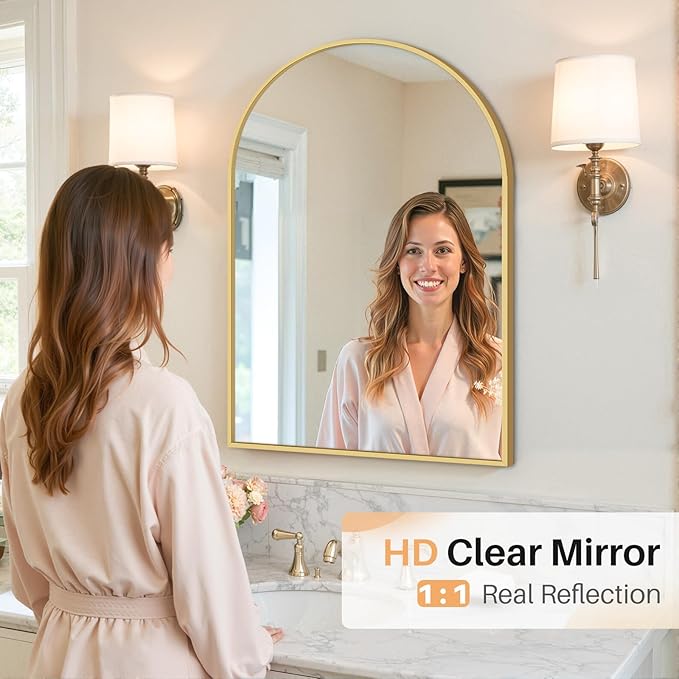 Bathroom Mirror for Wall, 30x20 Inch Arched Mirror, Matte Gold Metal Framed Bathroom Vanity Mirror for Restroom Farmhouse, Anti-Rust, Tempered Glass, Hanging or Leaning