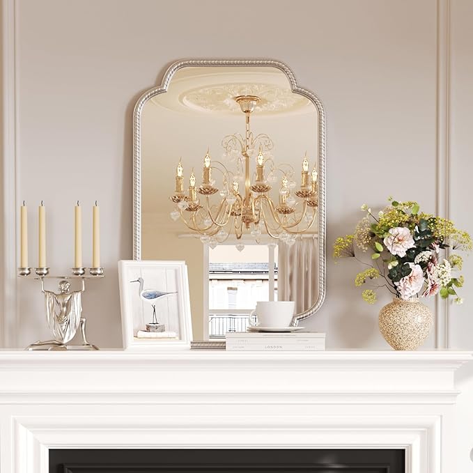 Uniclinens Silver Scalloped Mirror Wall Decor - Large Decorative Wall Mirror 36"X24" with Vintage Baroque Metal Frame, Ideal for Entryway, Fireplace, Living Room, Hallway, Bathroom