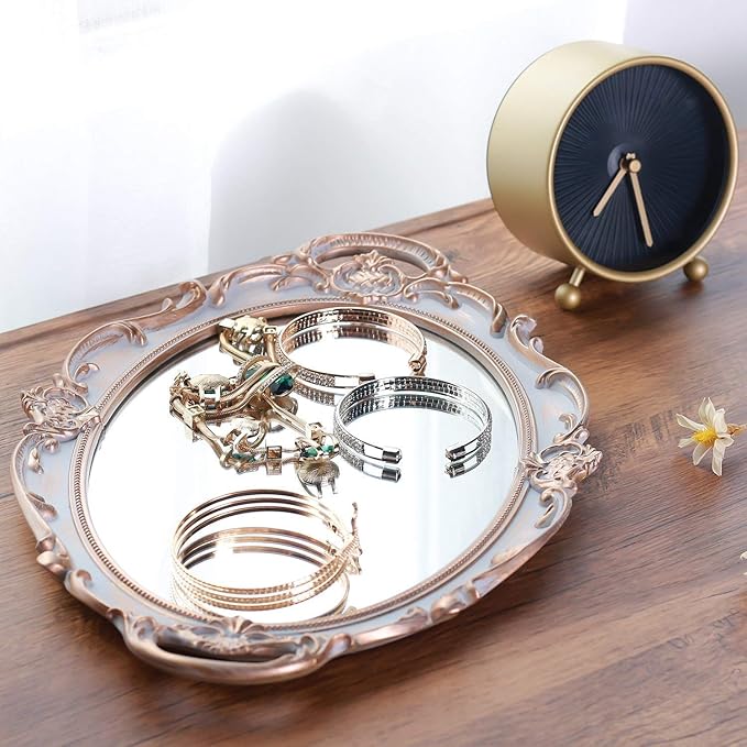 Zosenley Polyresin Ellipse Antique Decorative Mirror Tray, Makeup Organizer, Jewelry Organizer, Serving Tray, 9.8”x 14.6”, Golden Gray