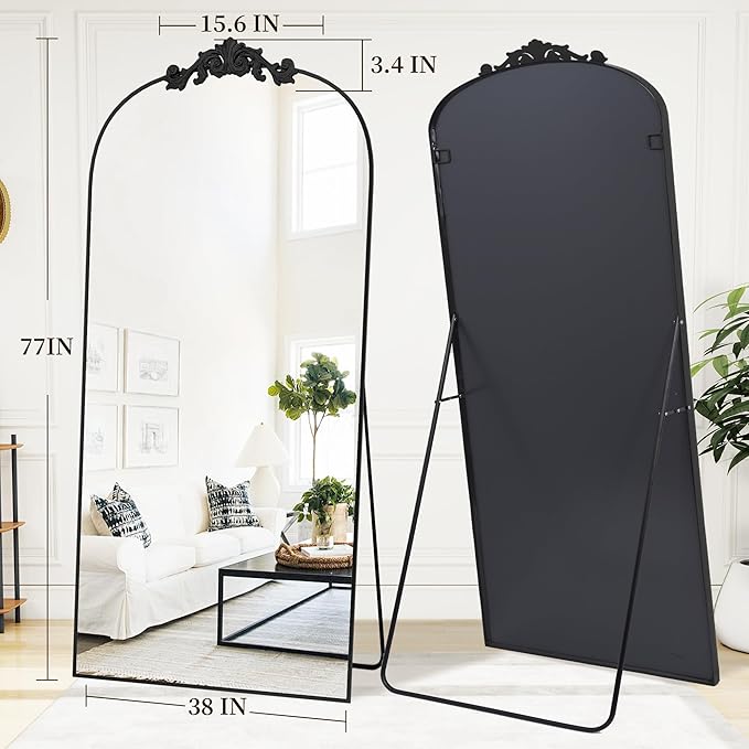 Vintage Full Length Mirror,78"x38" Arched Antique Floor Mirror with Carved Metal Frame,Large Standing Wall Mounted or Leaning Mirror for Bedroom Living Room Entryway,Black