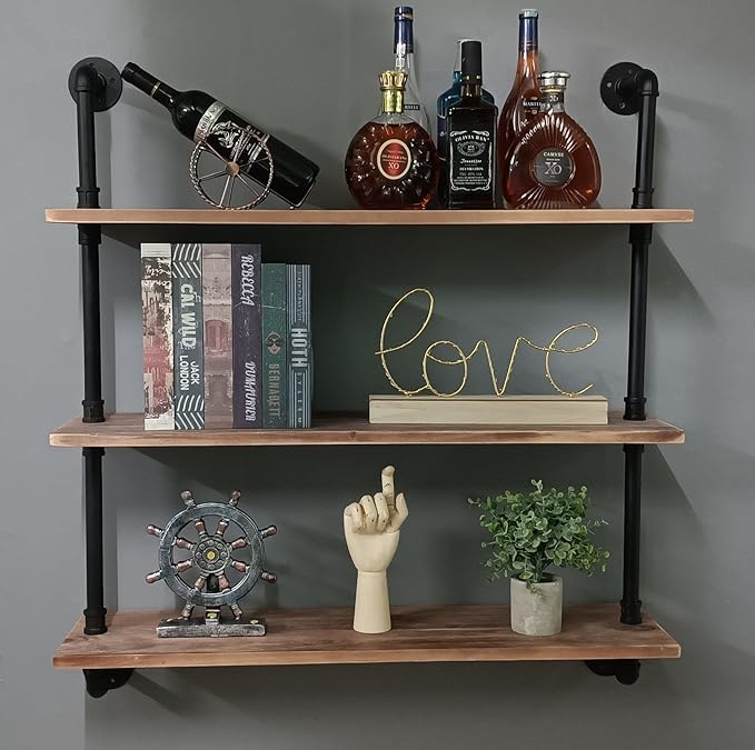 HDDFER Pipe Shelves Industrial Pipe Shelving Shelves Real Wood Industrial Floating Pipe Shelves with Wood Planks 36 inch Wall Shelves Rustic Hanging Bookshelf Farmhouse Kitchen Bar Shelving