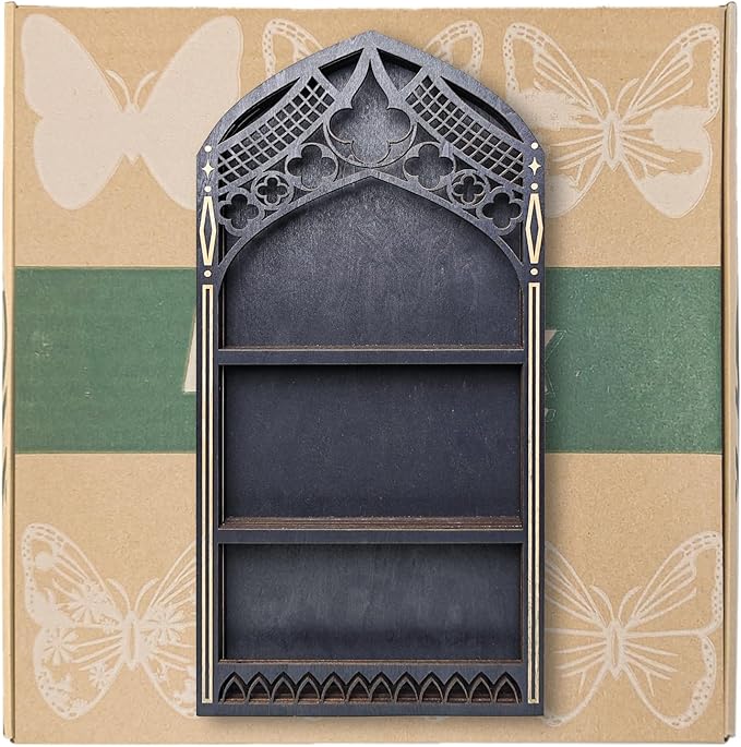 Gothic Window Crystal Shelf Display for Wall, Wooden Gem Stone Rock Storage Holder Trinkets Organizer, Wall Mount Stand Case Box for Witch Wiccan Decor, Spiritual Gift for Home Bedroom Living Room
