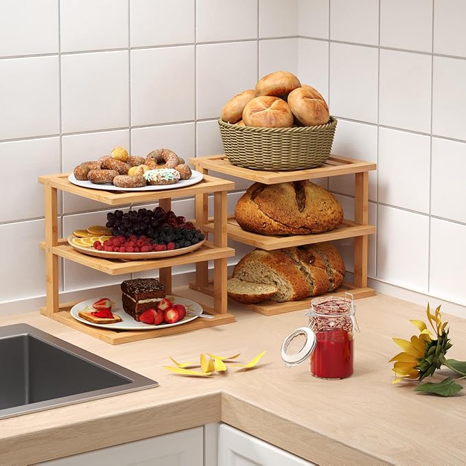 2 Pack Bamboo Corner Shelf,3 Tier Kitchen Cabinet Organizer for Plates and Dishes,Pantry Storage and Spice Rack(Natural)