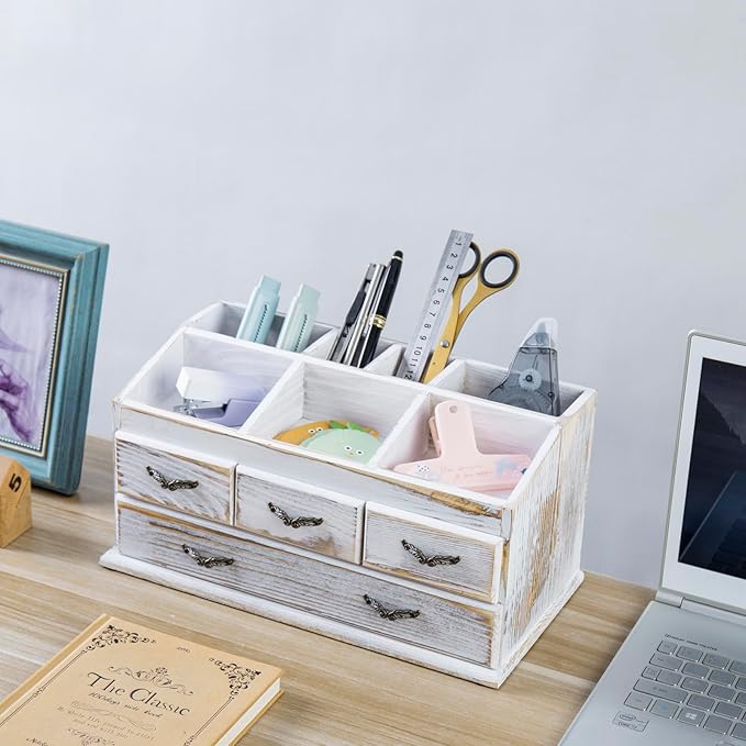 MyGift 7-Compartment Shabby Whitewashed Solid Wood Jewelry/Cosmetics Vanity Organizer Rack with 4 Vintage Storage Drawers