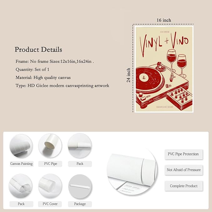 Vintage Wall Art Vinyl & Vino Canvas Poster Trendy Music Poster Retro Music Records Canvas Wall Art Modern Mid Century Vinyl Lover Aesthetic Prints Painting for Home Wall Decor, 16x24inch Unframed