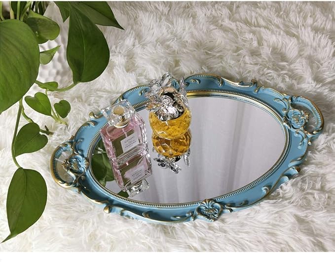 Oval Decorative Mirror Tray, French Style, Makeup Organizer, Jewelry Organizer, Serving Tray, 9.8"x 14.6", Golden Blue