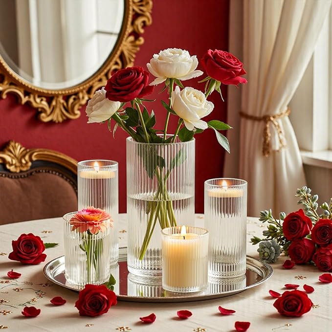 36 Pack Ribbed Glass Cylinder Vases 4,6,10 Inch Tall Clear Flower Vase Hurricane Floating Candle Holder for Table Centerpiece Wedding Home Decor