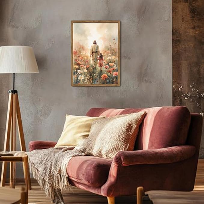 Jesus and the Girl Wall Art, Religious Jesus Painting Wall Decor Christ our Savior 3D Textured Hand Drawn Sandstone Christian Artwork for Living Prayer Room Bedroom 12x16 inch Wood Framed