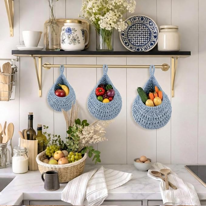 Honeydak Boho Decor Hanging Wall Baskets for Kitchen 3 Pack Teardrop Baskets with Hooks Storage Fruit Onion Vegetable Potato for Home 3 Sizes(Light Blue,Teardrop,Cotton Rope)