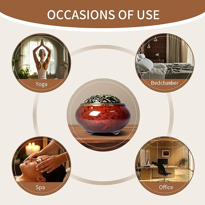 Ceramic Incense Burner, Bowl Burner,Cone Incense Burner with Brass lid for use with Stick or Cone-Shaped Incense,Lotus Incense Stick Holder Calabash Incense Stick Holder, 3pc (Fambe Red)
