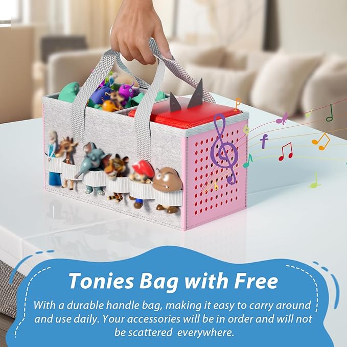 for Tonie Shelf Magnetic - Wooden Tonies Organizer with Carrying Bag, 3 Tiered Magnetic Display Shelf for Toniebox Holder, Wall Mount/Countertop Use Tonies Toy Storage for Kids Room/Playroom (Pink)