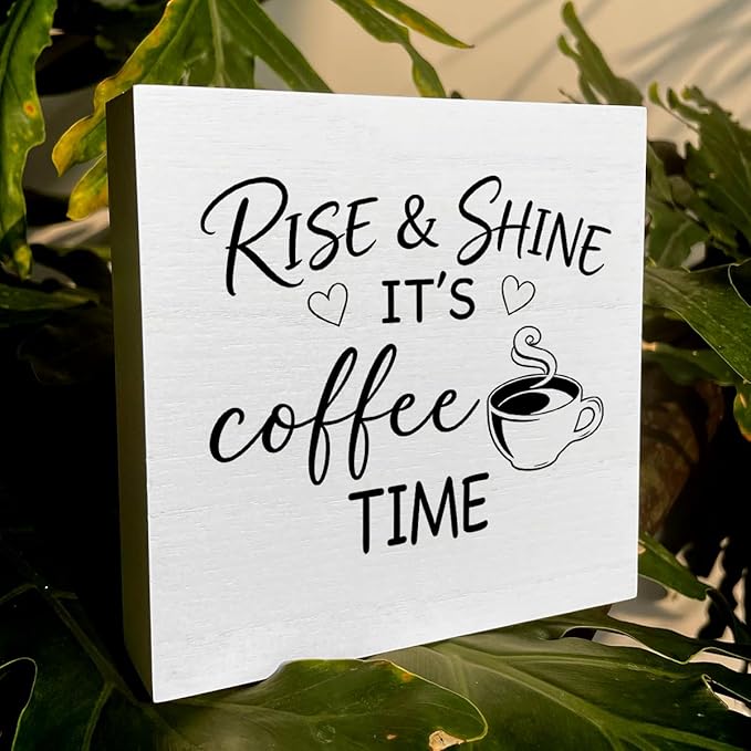 Farmhouse Coffee Bar Sign 5x5 Inch - "RISE & SHINE IT'S COFFEE TIME" Rustic Coffee Bar Decor, Farmhouse Style Shelf/Tabletop Decoration for Kitchen Café