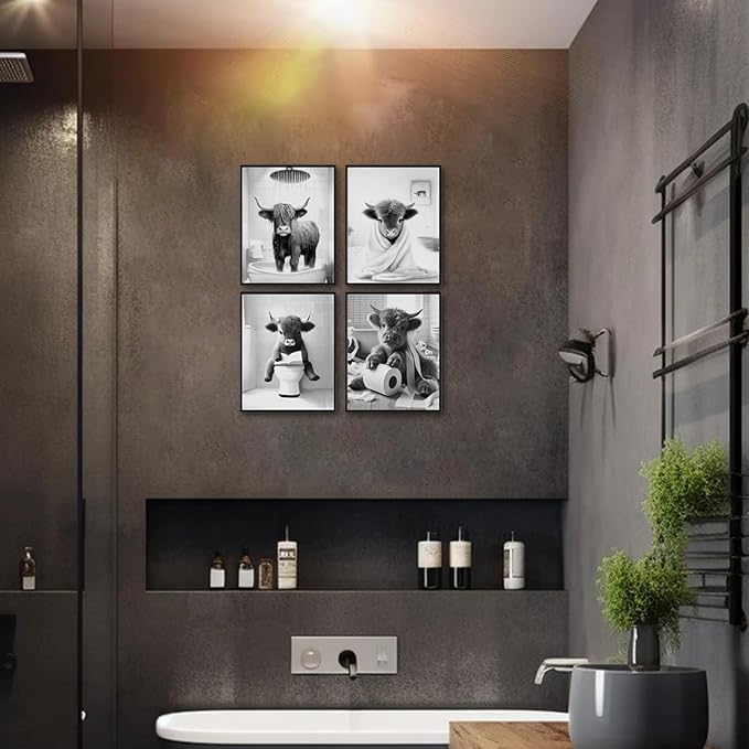 Western Cow Bathroom Decor Wall Art,Funny Highland Cow Wall Art in Restroom,Black and White Wall Decor,Highland Cow Canvas Art Prints,Rustic Retro Bathroom Wall Decor Humor Animals Artwork Prints,8x10inchx4pcs,Unframed