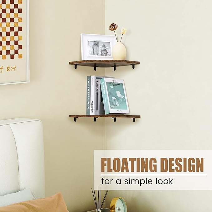 Fun Memories Corner Shelf Wall Mount, Floating Corner Shelves, Set of 4 Corner Wall Shelf Organizer, Rustic Wood Wall Storage Display Shelves for Living Room Bedroom Bathroom Kitchen, Rustic Brown