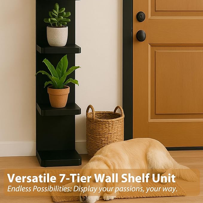 LitaEther Versatile 7 Tier Wall Shelf Unit,Black Lack Wall Shelf,Display Floating Shelf with Round Edge