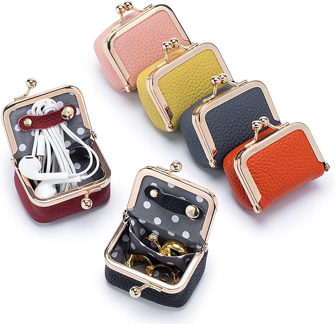 Genuine Leather Mini Jewelry Box for Women, Square Coin Purse with Kiss Lock, Jewelry Organizer Travel Case (Medium, Orange)