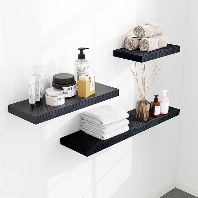 Fun Memories Floating Shelves - 2 Pack 9.3 Inch Deep Rustic Wooden Wall Shelves - Wall Mounted Storage Shelf with Invisible Brackets, 24" W x 9" D x 1.6" H - Black