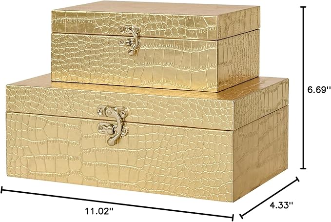 Set of 2 Wooden Decorative Nesting Storage Boxes, Gold Crocodile Leather with Clasp for Home Kitchen Living Room, Ideal Gift for Wedding Memories Jewelry Trinket