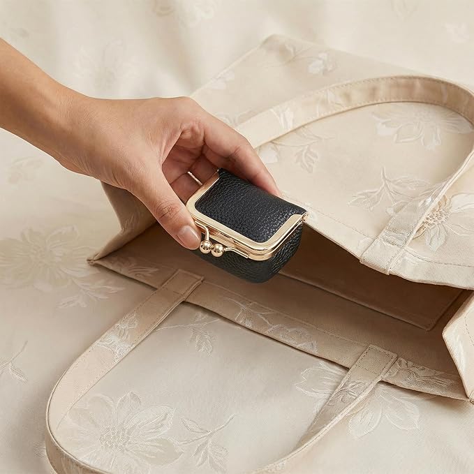 Genuine Leather Mini Jewelry Box Portable Vintage-Inspired Leather Small Coin Purse Jewelry Organizer Case Mini Travel Ring Box with Kiss Lock for Women Earring Ring Necklace