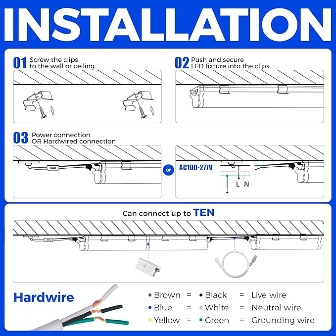 Barrina T5 3FT LED Shop Light, 1900lm, 5000K Daylight White, 16W Utility Light Fixture, Commercial Bay Light for Workshop Garage, Corded Electric with ON/Off Switch, 6 Packs