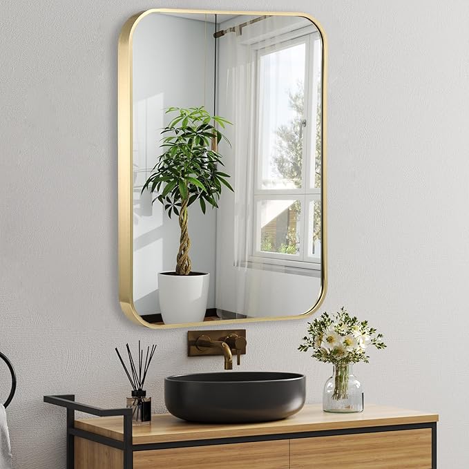 22x30 Inch Gold Bathroom Mirror, Brushed Gold Metal Framed Rectangular Mirror with Rounded Corner, Bathroom Vanity Mirror for Bedroom or Living Room, Horizontal/Vertical