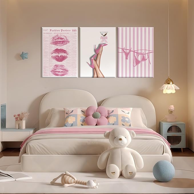 3Pcs Trendy Coquette Wall Art Pink Lips Bikini & Bow Heels Wall Decor Pictures Vintage Martini Newspapaer Canvas Posters Prints for Y2K Girly Room Dorm Apartment Preppy Aesthetic Decor 12x16in